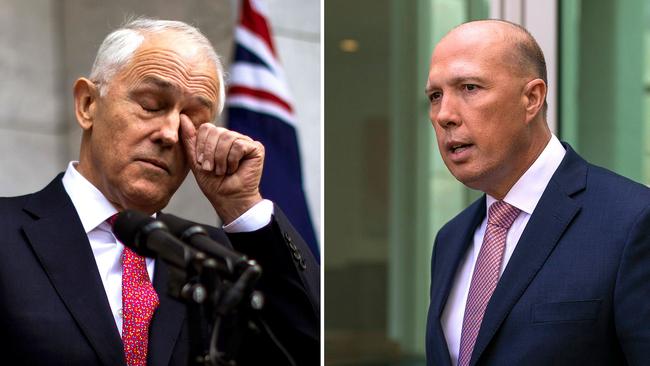 Malcolm Turnbull and leadership challenger Peter Dutton in Canberra on August 21, 2018.