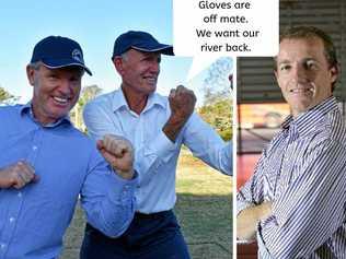 Richmond Valley Council's general manger Vaughan Macdonald and mayor Robert Mustow want to win back the Richmond River in the Council Challenge against Lismore City Council's mayor Isaac Smith and staff at the Woodburn Riverside Festival. Picture: Susanna Freymark