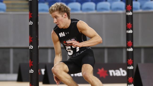 Dylan Stephens completes the agility test during the 2019 AFL Draft Combine. Picture: Dylan Burns/AFL Photos