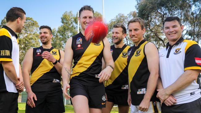 St Paul's Old Scholars will play in the club's first grand final appearance since it entered the Adelaide Footy League in 2015. L-R Club president Jake Winters, Nicholas Morasca, Matt Rowson, Joe Adamo, Liam Davies and coach Damien Stagg. Picture: AAP Image/Russell Millard