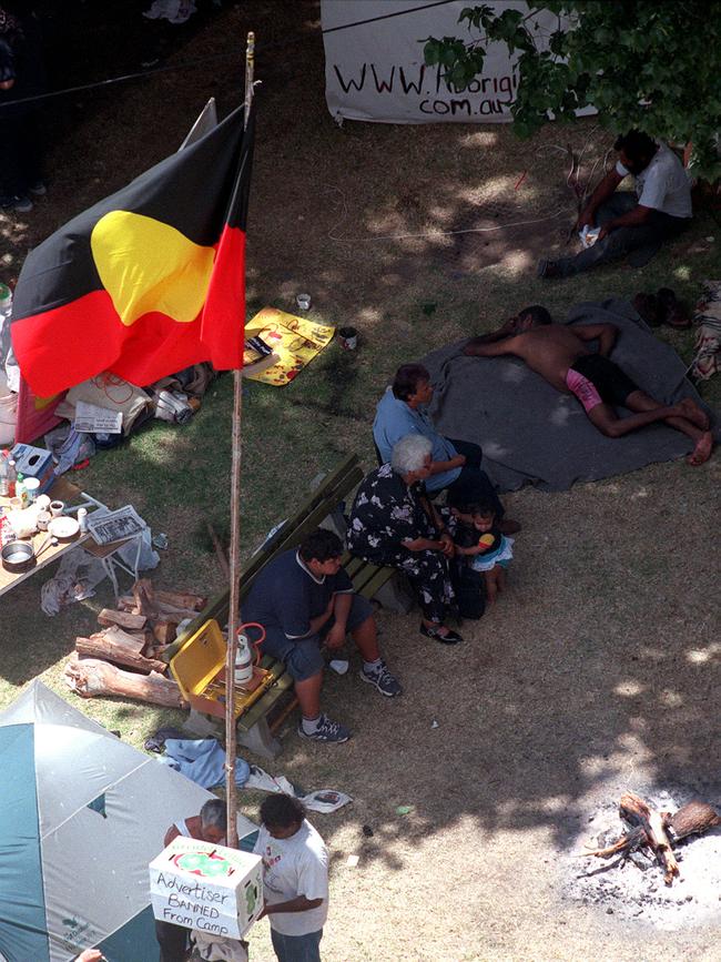 Indigenous protesters camp on North Terrace, outside Government House, in 1999.