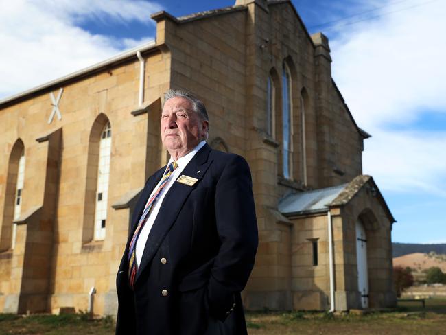 Southern Midlands Mayor Tony Bisdee outside St Mary’s Church in Kempton, which is one of th eproperties earmarked to be sold as part of the redress scheme. Picture: LUKE BOWDEN