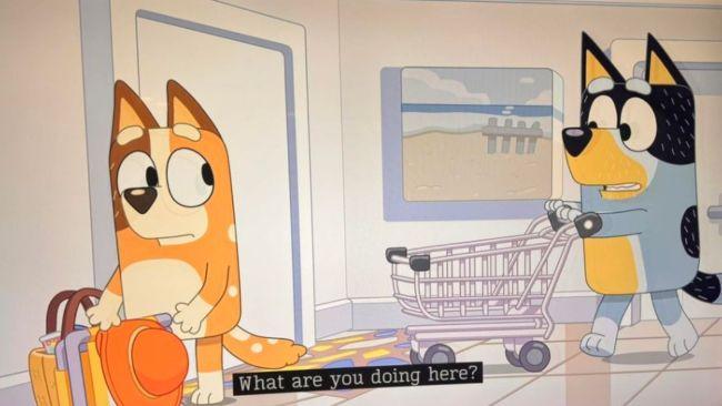 Bluey fans are confused about Bandit needing a shopping trolley in a hotel. Image: Facebook /  Adult Bluey Memes & More