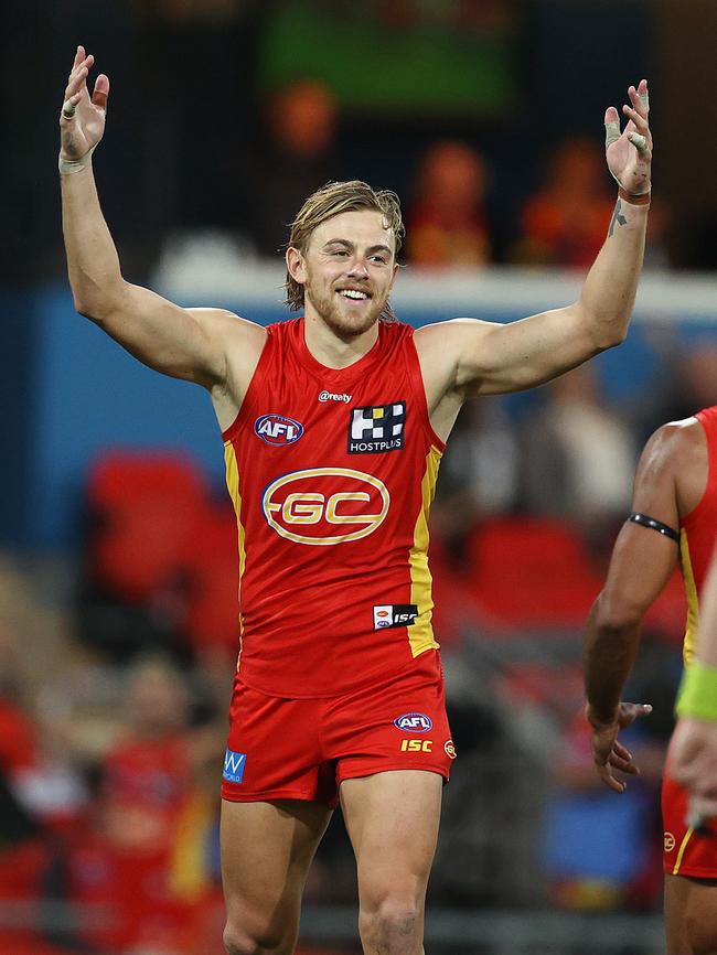 AFL Round 11. Gold Coast Suns vs Essendon at Metricon Stadium, Gold Coast.12/08/2020. Hugh Greenwood of the Suns celebrates his goal in the second quarter. Pic: Michael Klein