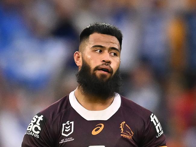 BRISBANE, AUSTRALIA - JULY 27: Payne Haas of the Broncos reacts at the final siren during the round 21 NRL match between Brisbane Broncos and Canterbury Bulldogs at Suncorp Stadium, on July 27, 2024, in Brisbane, Australia. (Photo by Albert Perez/Getty Images)