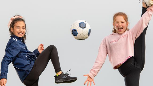 Eboni, 11, Tatum, 10 and Holly, 10 are fit best friends who play all sorts of sports. Story on childhood obesity being linked to cardiovascular disease. Picture: Jason Edwards