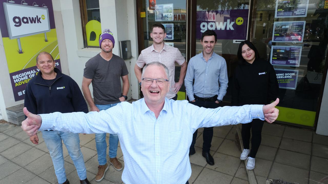 Gawk general manager Peter Upton with members of the Geelong team celebrate the businesses continued growth after establishing in the city. Picture: Mark Wilson