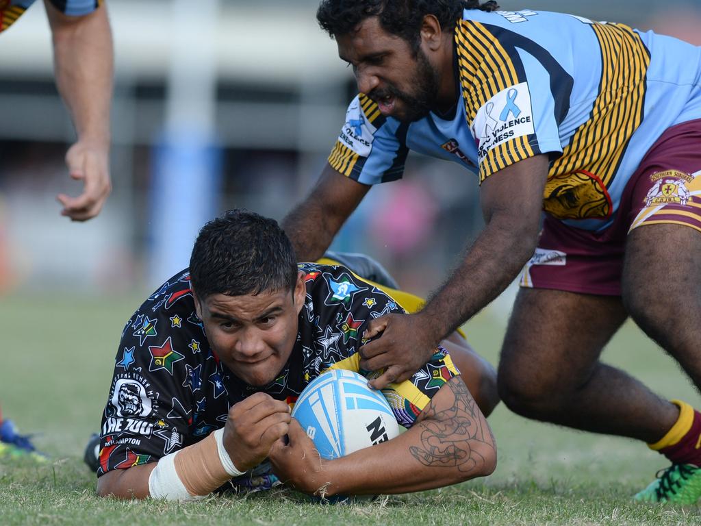 Bailey Butler playing for Black Magic in the men’s grand final of the Warba Wangarunya indigenous Rugby League Carnival in Rockhampton.