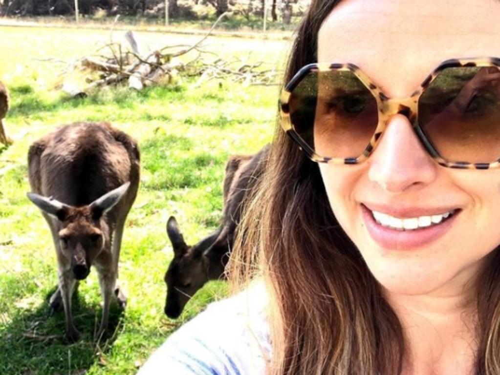 Dornan’s wife, the musician and composer Amelia Warner, gets close to the locals while sightseeing in South Australia. Picture: Instagram/@awarnermusic