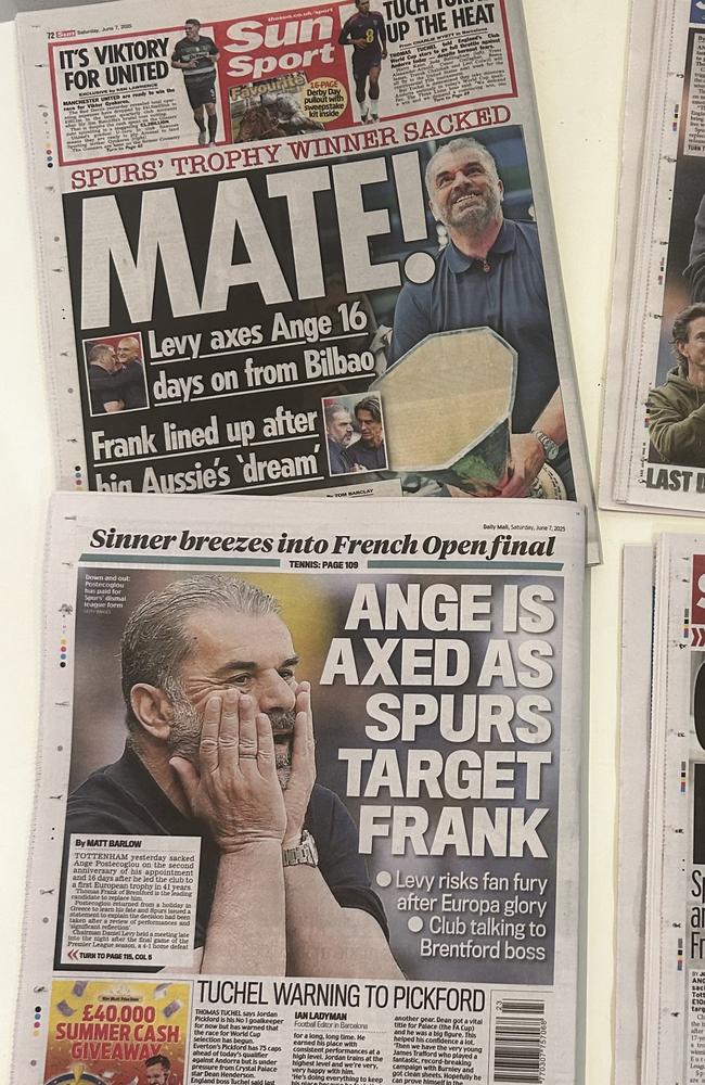 Back pages of British newspaper's following Tottenham manager Ange Postecoglou's sacking. Picture: Sophie Elsworth.