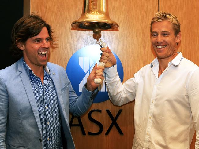 Profits swelling ... Surfstitch founders Lex Pedersen (L) and Justin Cameron pictured at the ASX listing ceremony at the stock exchange in Sydney. Picture: Toby Zerna