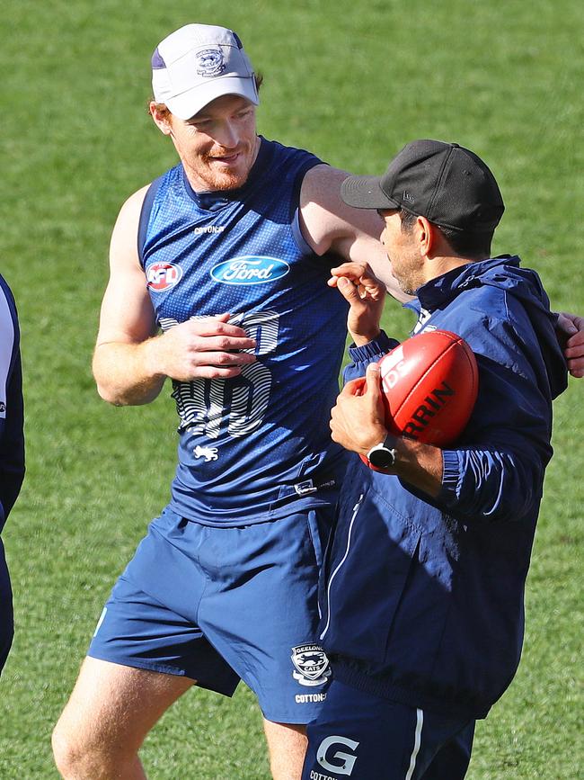 Gary Rohan and Eddie Betts have a laugh. Picture: Alison Wynd