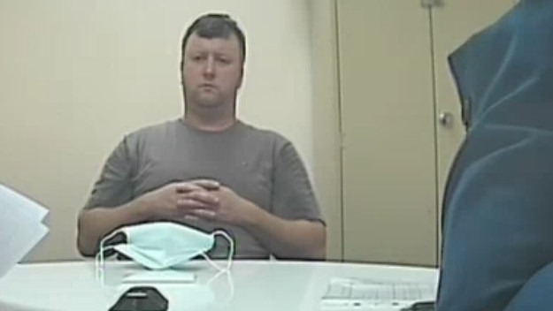 Right-wing extremist and terrorist advocate Wade John Homewood during a police interview in November 2021 after he was arrested at his East Tamworth house.