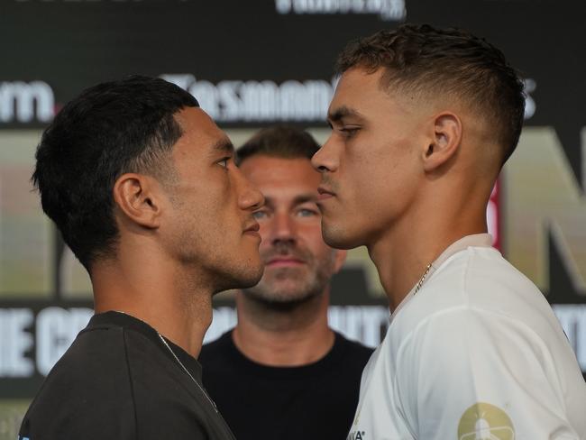 Jai Opetaia faces off with David Nyika ahead of their world title fight on the Gold Coast on Wednesday.