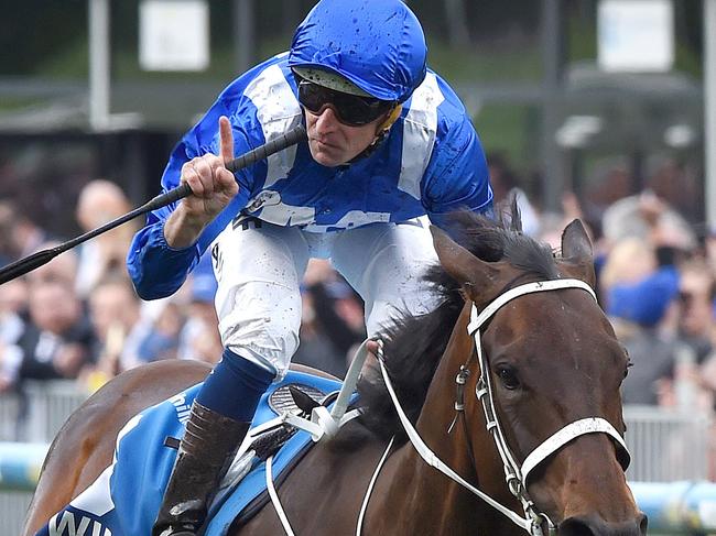 Hugh Bowman rides Winx to the line to win the William Hill Cox Plate.  Cox Plate Race Day 2016 at Moonee Valley Racecourse.  Picture: Nicole Garmston