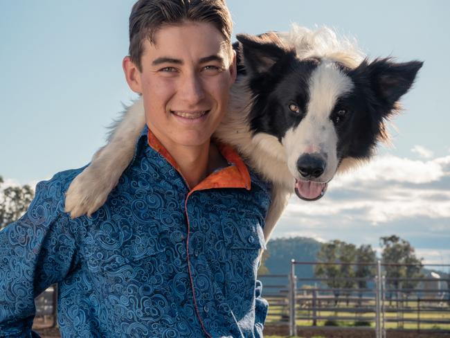 Nathan Obst and his dog, Chief, on the set of ABC's Muster Dogs program. January 2025.