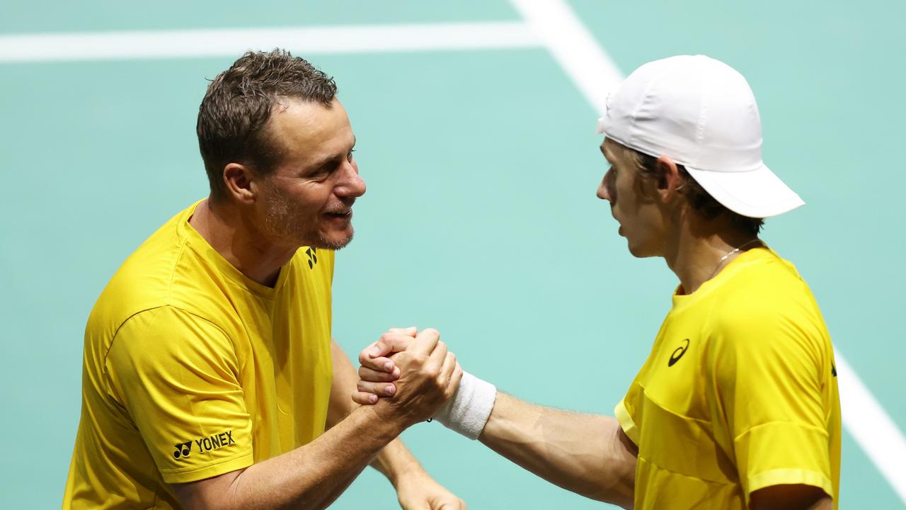 Alex de Minaur celebrates with Lleyton Hewitt. Picture: Matt McNulty/Getty Images for ITF