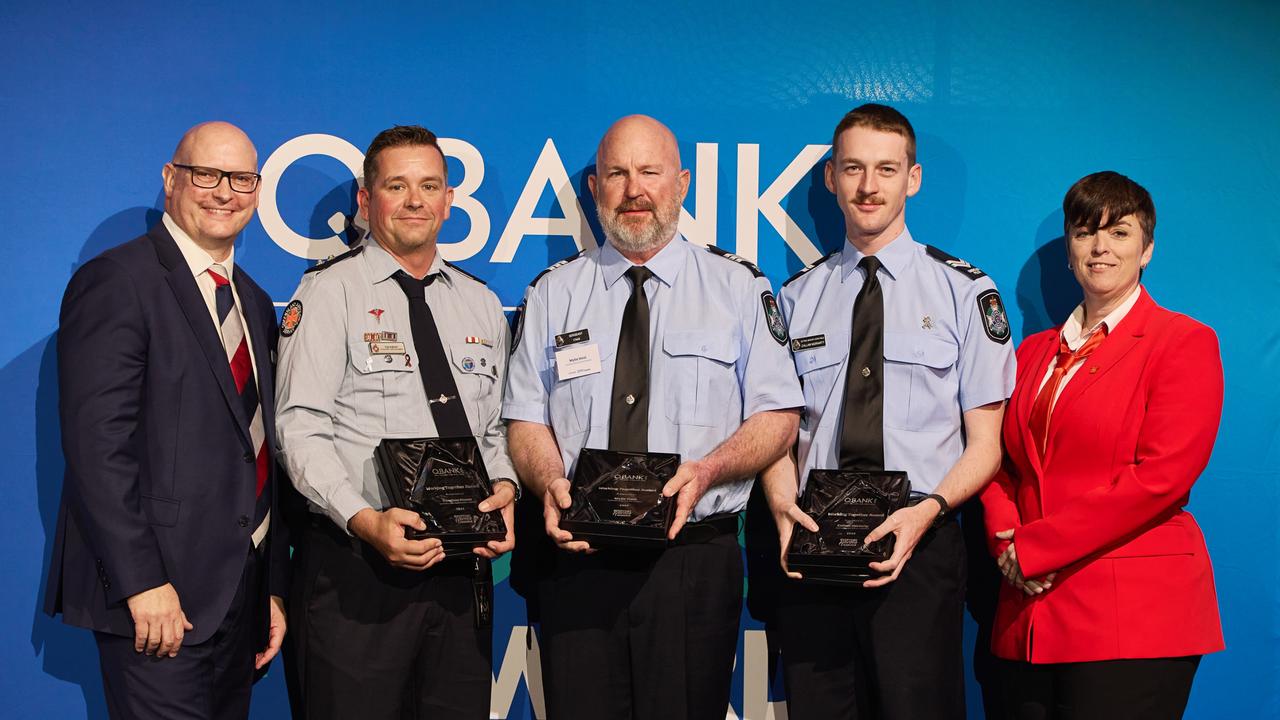 OIC at Baralaba Ambulance Station Vaughan Mason, OIC at Baralaba Police Station Sergeant Wylie Steel and Constable Callam Moriarty accepting their QBANK Everyday Heroes Award.