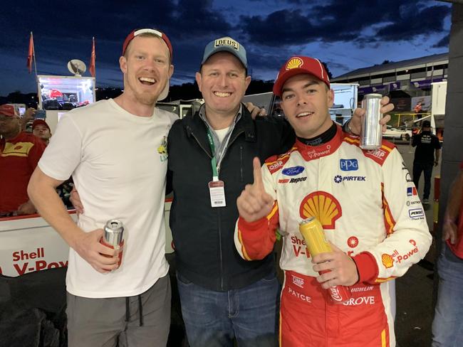 Jack Riewoldt, AFL360 producer Tim Hodges and driver Scott McLaughlin