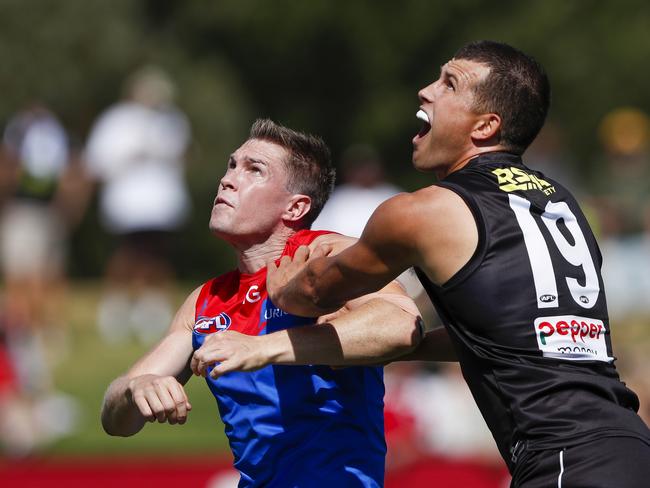 MELBOURNE, AUSTRALIA - FEBRUARY 24: Tom McDonald of the Demons and Rowan Marshall of the Saints compete for the ball during the 2023 AFL match simulation between the St Kilda Saints and the Melbourne Demons at RSEA Park on February 24, 2023 in Melbourne, Australia. (Photo by Dylan Burns/AFL Photos via Getty Images)