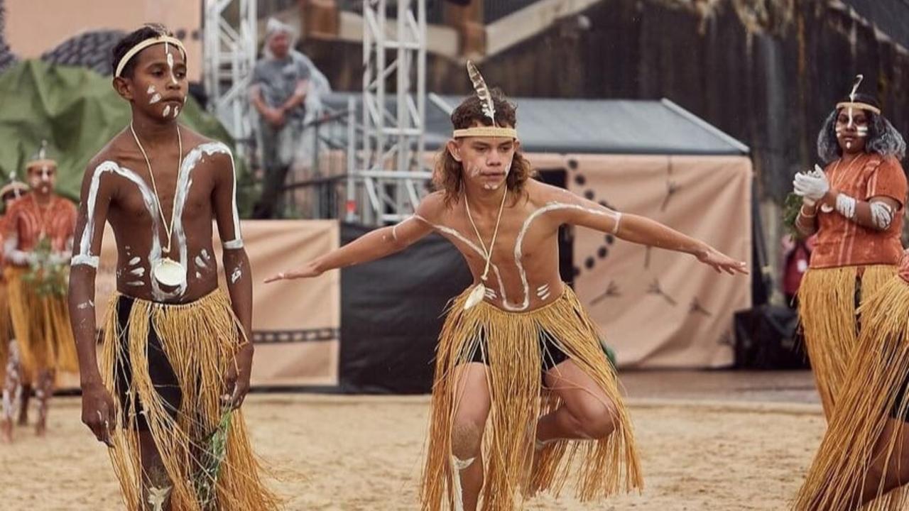 AFL Cape York House's Callum Liddy, Brian Koko and Taum Nona perform at the Dance Rites competition in Sydney.