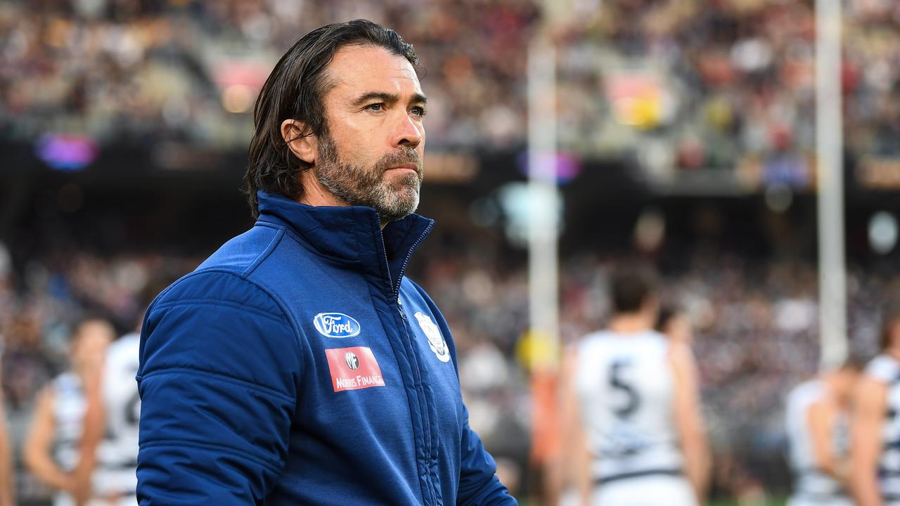 PERTH, AUSTRALIA - SEPTEMBER 10: Chris Scott, Senior Coach of the Cats looks on during the 2021 AFL First Preliminary Final match between the Melbourne Demons and the Geelong Cats at Optus Stadium on September 10, 2021 in Perth, Australia. (Photo by Daniel Carson/AFL Photos via Getty Images)