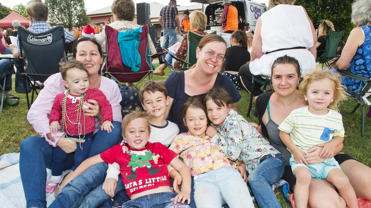 (Back from left) Mary Cole, Naomi Watts and Jennifer Wood. (Front from left) Edith Cole, Fletcher Cole, Alex Cole, Melissa Watts, Abigail Watts and Riley Watts at the Toowoomba Hospice Christmas Carols. Sunday, 25th Nov, 2018.