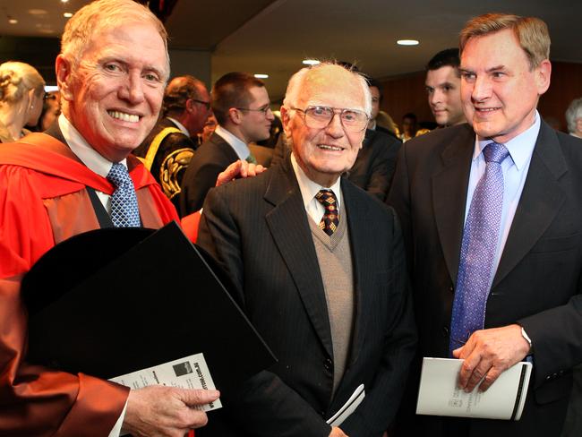 Justice Kirby with his father Donald and Mr van Vloten after Justice Kirby received an honorary Doctor of Laws degree at the University of NSW at Kensington.