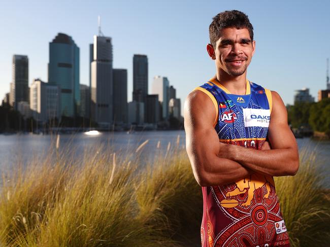 BRISBANE, AUSTRALIA - MAY 15:  Brisbane Lions player Charlie Cameron poses in the Lions AFL Indigenous Round guernsey on May 15, 2018 in Brisbane, Australia.  (Photo by Chris Hyde/AFL Media/Getty Images)