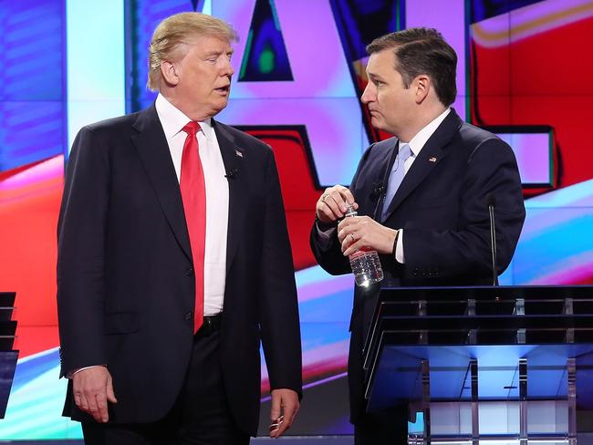 Republican presidential candidates Donald Trump and Senator Ted Cruz take a break in the televised debate. Picture: Joe Raedle / Getty Images / AFP