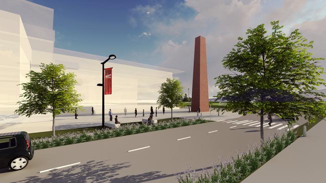 Looking north from the New Town station towards the hockey fields and civic space featuring the heritage chimney.