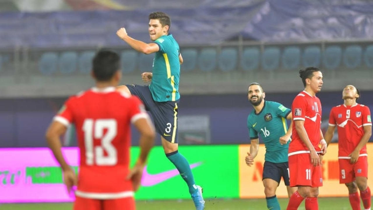 Fran Karacic celebrates scoring his first Socceroos goal in Australia’s 3-0 win over Nepal.