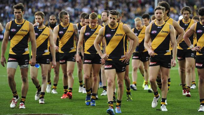 Richmond players leave Adelaide Oval after losing to Port Adelaide. Picture: Mark Brake