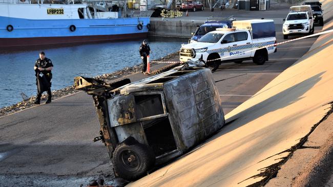 NT Police are investigating a vehicle fire at a Frances Bay Dr docking point. The fire was reported shortly before 5am Monday. Picture: Sierra Haigh