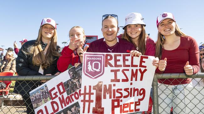 At Queensland Maroons fan day are (from left) Marlee Carpenter, Mia Johnson, Millie Gunther, Loretta Carpenter and Ella Gunther at Toowoomba Sports Ground, Tuesday, June 18, 2024. Picture: Kevin Farmer