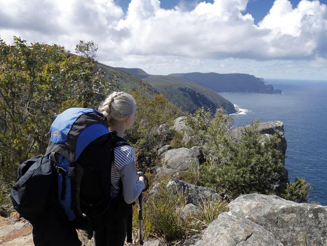 Day 2. Looking East along the south coast of the Three Capes Track. Three Capes Track walk. Bushwalking / Landscape / tourism / Cape Pillar / Cape Hauy / Hut Walking / Hiking / Trekking. EMBARGO - for Tasweekend 5th November 2016. PICTURE: Richard Jupe