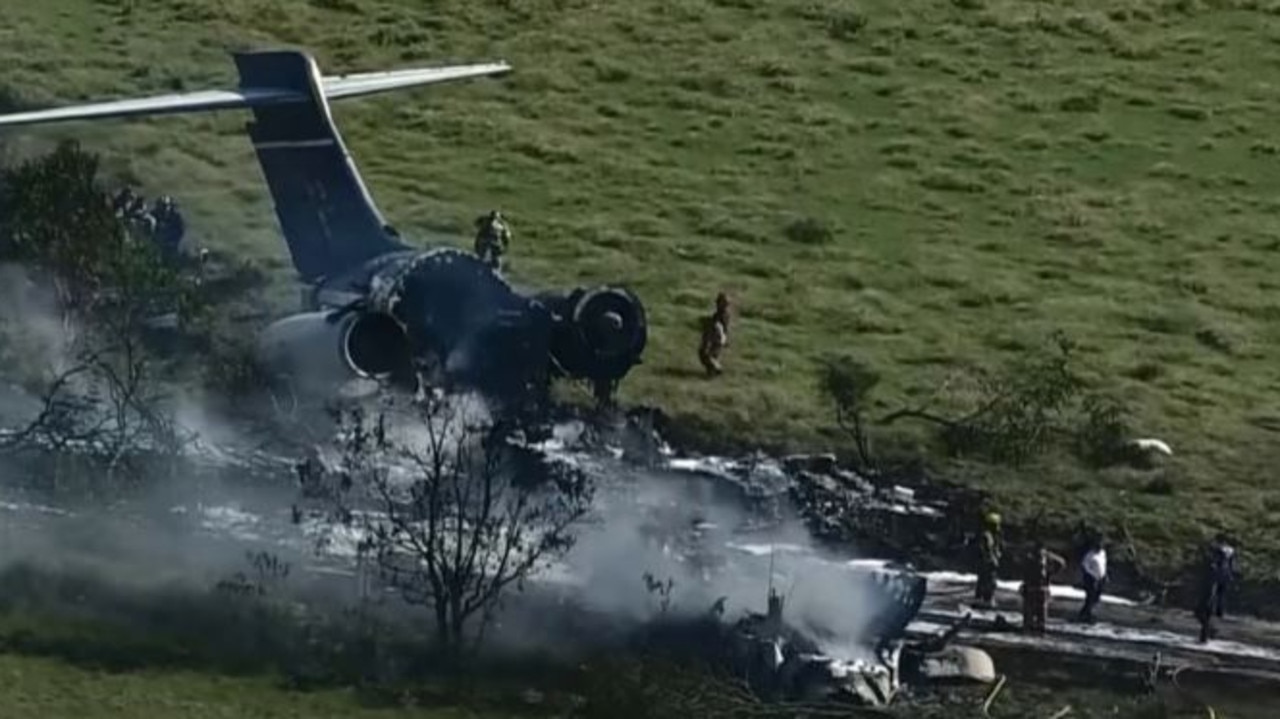 The passenger jet crashed and erupted into flames in a field near Houston Executive Airport in Brookshire, Texas. Picture: FOX 26 Houston