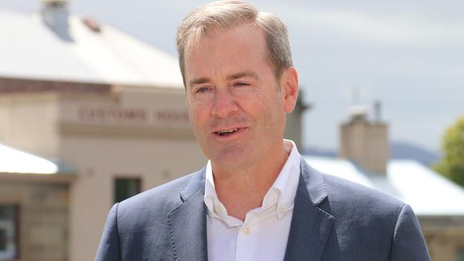 Treasurer Michael Ferguson speaks to the media at Parliament Square in Hobart on Thursday, December 8, 2022.