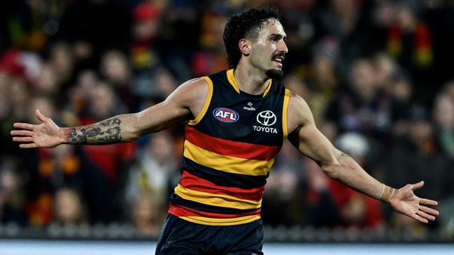 Adelaide’s Izak Rankine celebrates kicking a goal against Port Adelaide in Showdown 55. Picture: Mark Brake/Getty Images