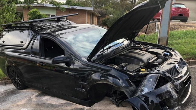 A man has been arrested after allegedly crashing into a pole and driving off with a missing wheel at Para Hills. Picture: SA Police