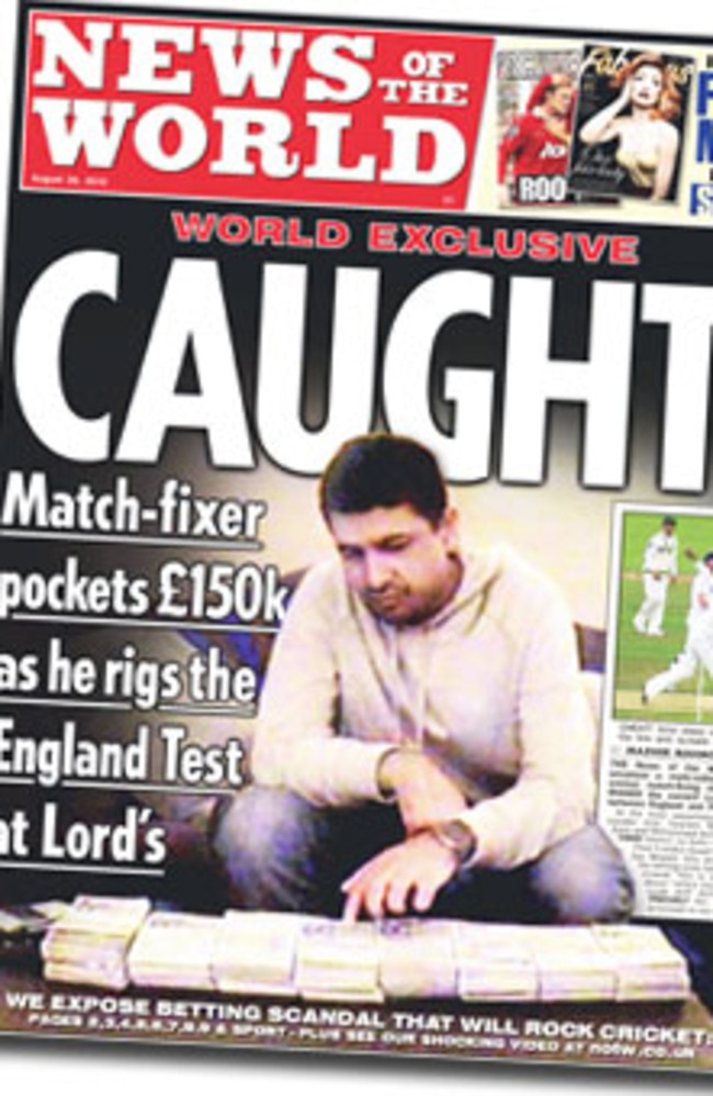 Cover of the News Of The World newspaper with the headline 'CAUGHT!' that exposed Mohammad Amir and Mohammad Asif’s three blatant no-balls.