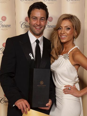 <p>Geelong's Jimmy Bartel and Nadia Coppolino at the Crown Lager Brownlow after party. Picture: Sam D'Agostino</p>