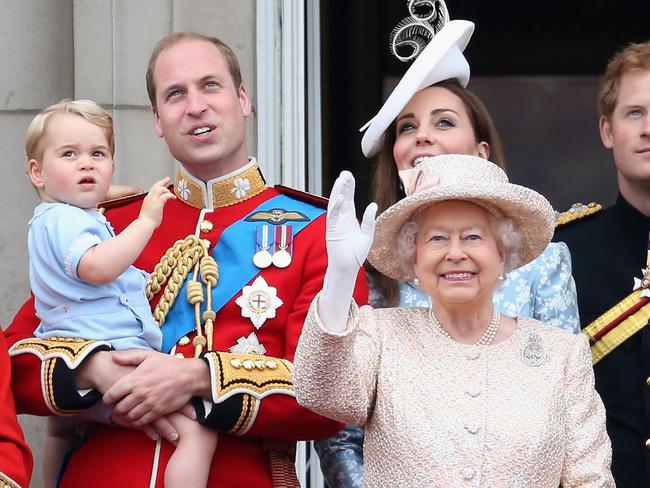 Prince George of Cambridge,Prince William, Duke of Cambridge, Catherine, Duchess of Cambridge, Queen Elizabeth II, Prince Harry look out on the balcony of Buckingham Palace during the Trooping The Colour ceremony last month. Picture: Getty