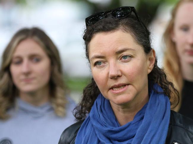 Louise Morris from Blue Derby Wild speaks to the media as a group of tourism operators deliver a letter to the government calling for an end of native forest logging in Tasmania on Tuesday November 9, 2021.