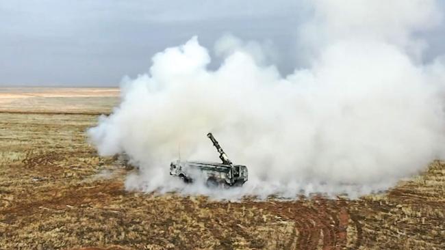 A Russian Iskander-K missile launcher, capable of firing a nuclear warhead, during a training launch. Picture: AFP.