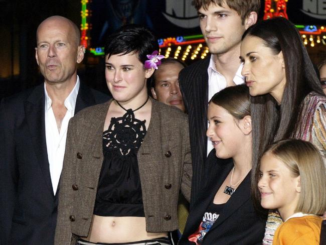 Bruce Willis with Demi Moore and their daughters Rumer, Scout and Tallulah. Also pictured is Moore’s then-husband Ashton Kutcher. Picture: AP