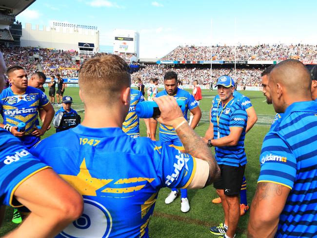 Eels coach Brad Arthur gives his team a halftime pep talk during last year’s Nines semi-final against the Storm in Auckland. Picture: Mark Evans