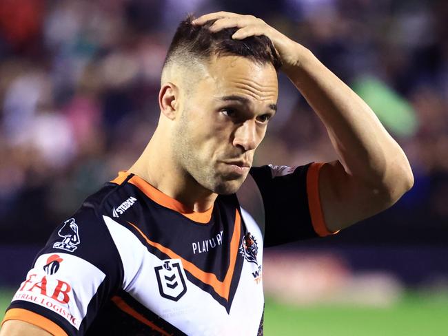 TAMWORTH, AUSTRALIA - JULY 28: Luke Brooks of the Tigers looks on after their loss during the round 22 NRL match between Wests Tigers and South Sydney Rabbitohs at Scully Park on July 28, 2023 in Tamworth, Australia. (Photo by Jenny Evans/Getty Images)