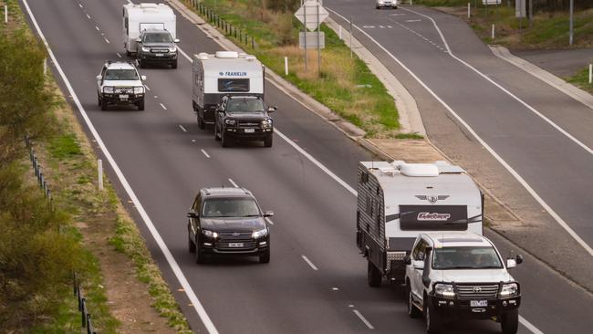 Traffic heading north from Victoria on the Hume Freeway near Albury on Thursday. Picture: Simon Dallinger