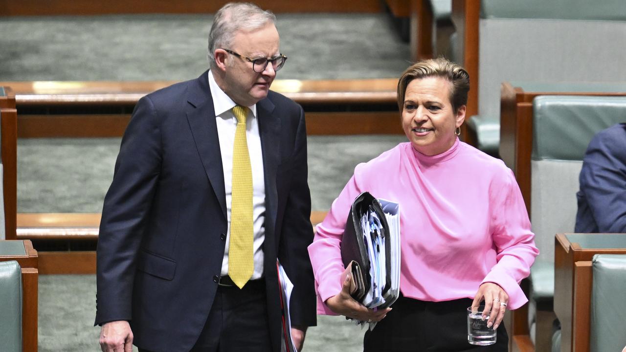 Michelle Rowland, with Prime Minister Anthony Albanese, has a thriving relationship with young people. Picture: NewsWire / Martin Ollman